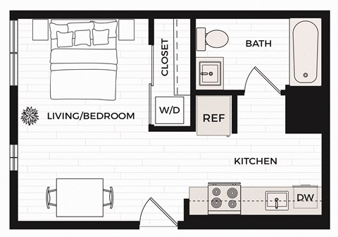 Floor plan for studio, 1 bath, 383 sqft